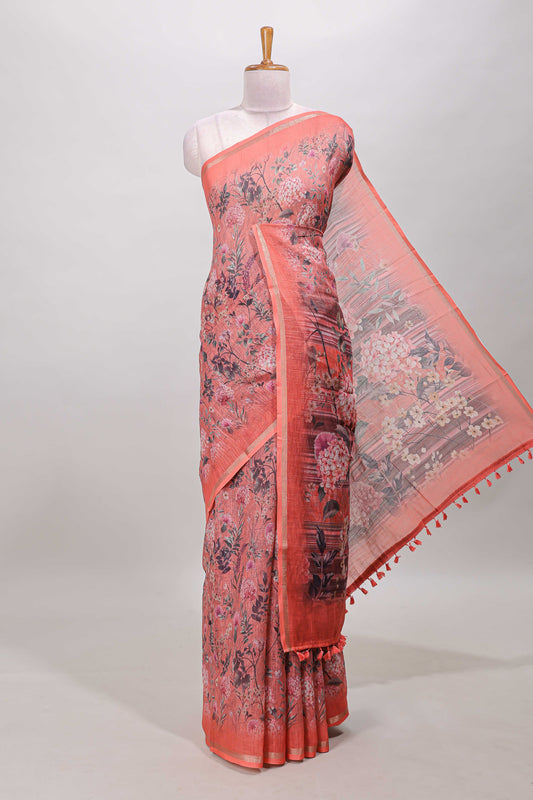 Orange floral design linen cotton saree with self zari border and floral printed pallu
