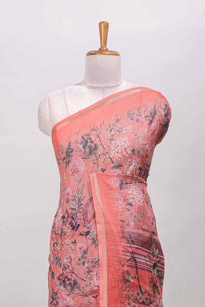 Orange floral design linen cotton saree with self zari border and floral printed pallu