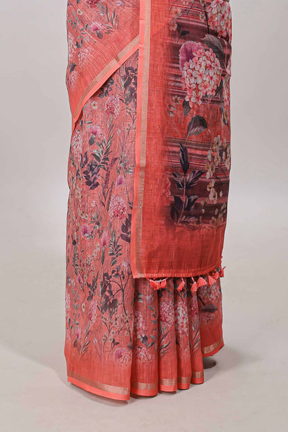 Orange floral design linen cotton saree with self zari border and floral printed pallu