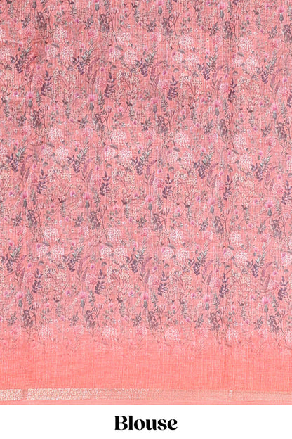 Orange floral design linen cotton saree with self zari border and floral printed pallu