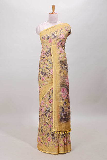 Yellow floral design linen cotton saree with self zari border and floral printed pallu