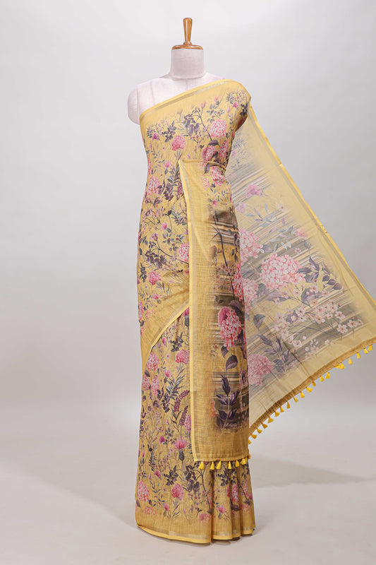 Yellow floral design linen cotton saree with self zari border and floral printed pallu