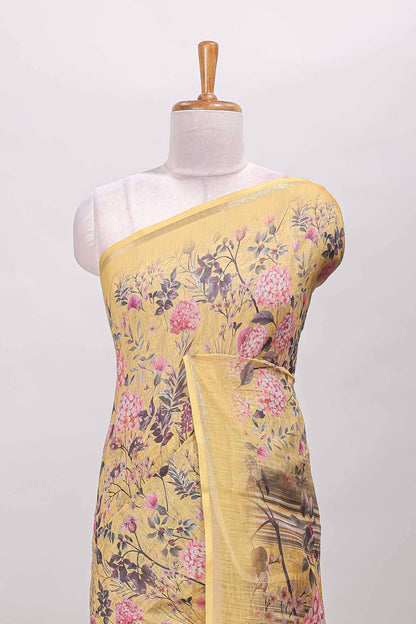 Yellow floral design linen cotton saree with self zari border and floral printed pallu