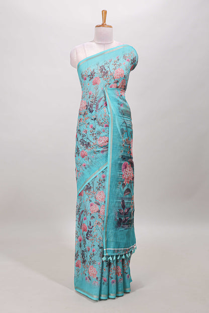 Blue floral design linen cotton saree with self zari border and floral printed pallu