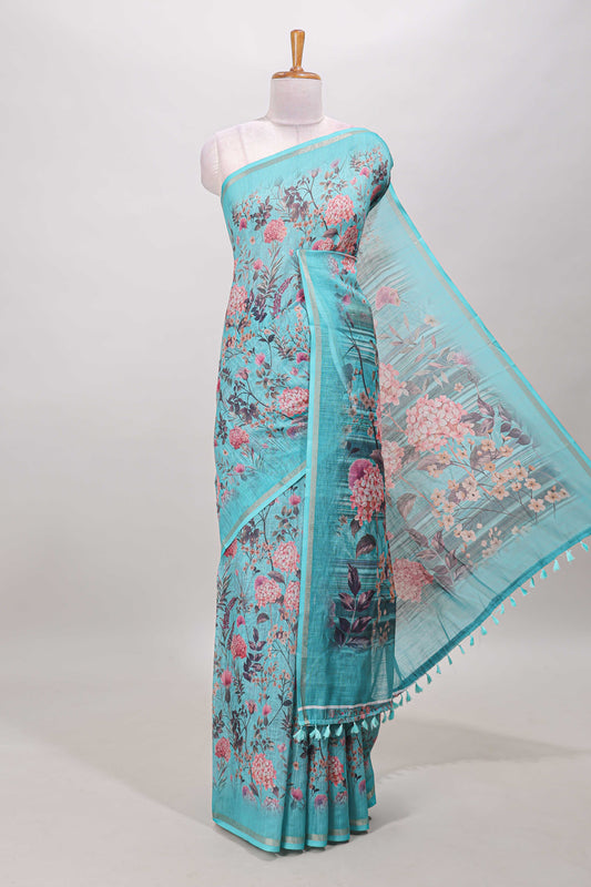 Blue floral design linen cotton saree with self zari border and floral printed pallu