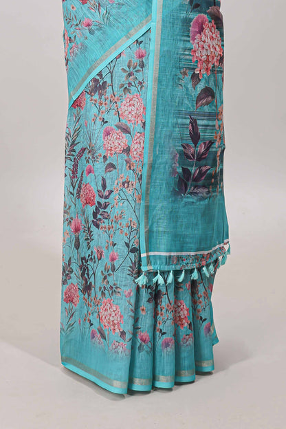Blue floral design linen cotton saree with self zari border and floral printed pallu