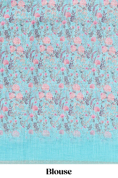 Blue floral design linen cotton saree with self zari border and floral printed pallu