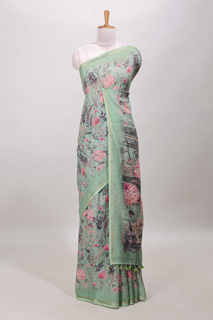 Green floral design linen cotton saree with self zari border and floral printed pallu