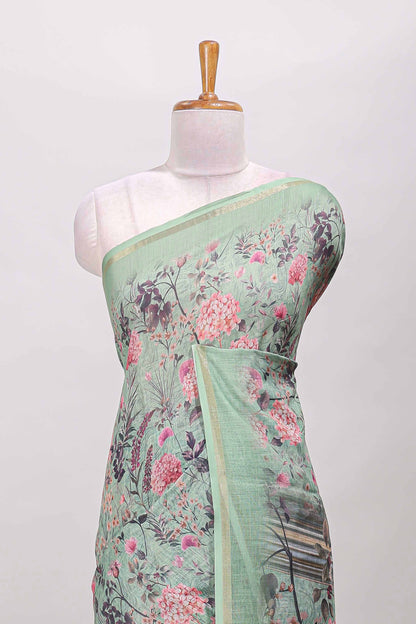 Green floral design linen cotton saree with self zari border and floral printed pallu