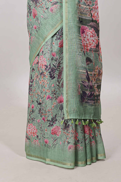 Green floral design linen cotton saree with self zari border and floral printed pallu