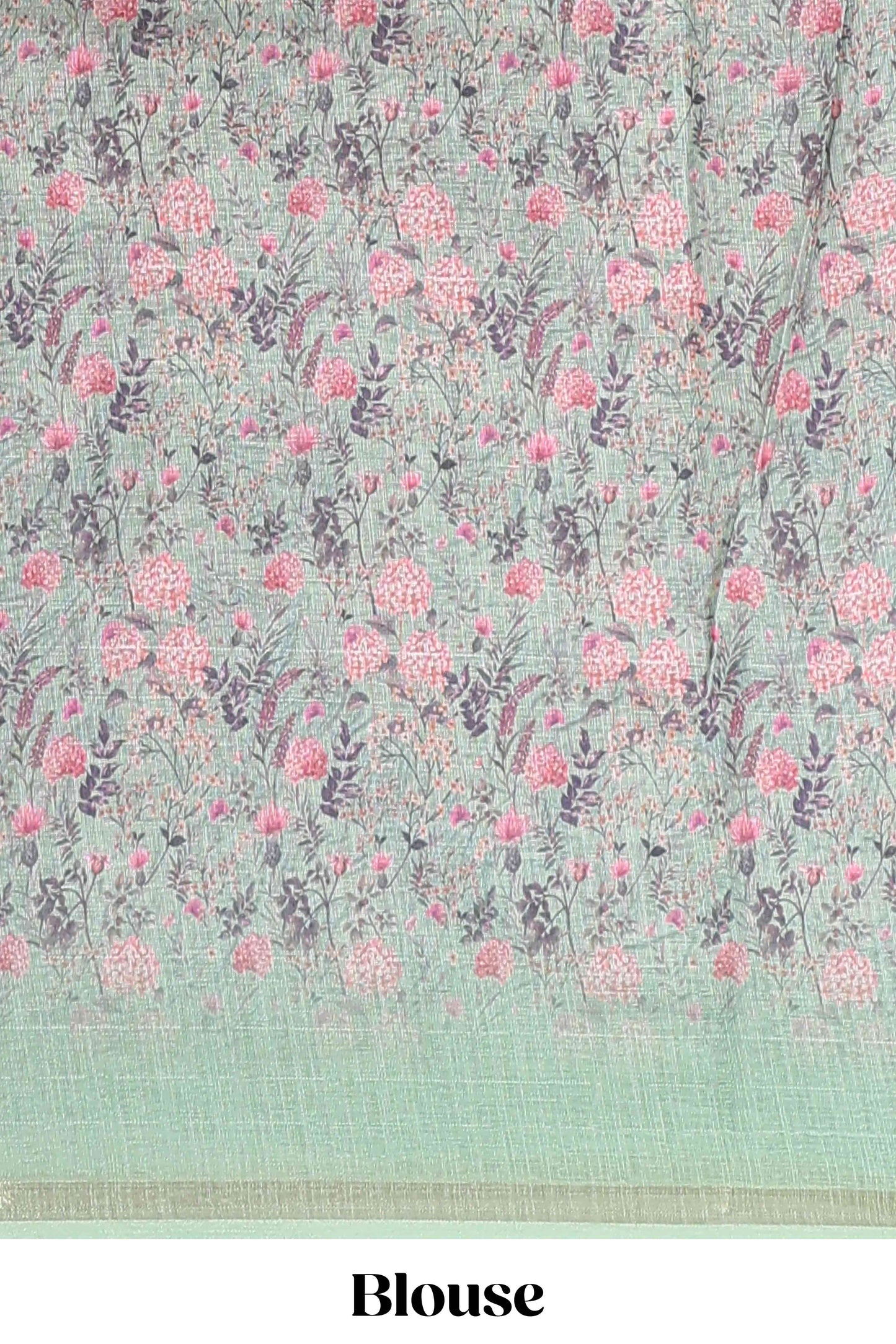 Green floral design linen cotton saree with self zari border and floral printed pallu