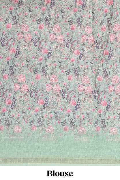 Green floral design linen cotton saree with self zari border and floral printed pallu