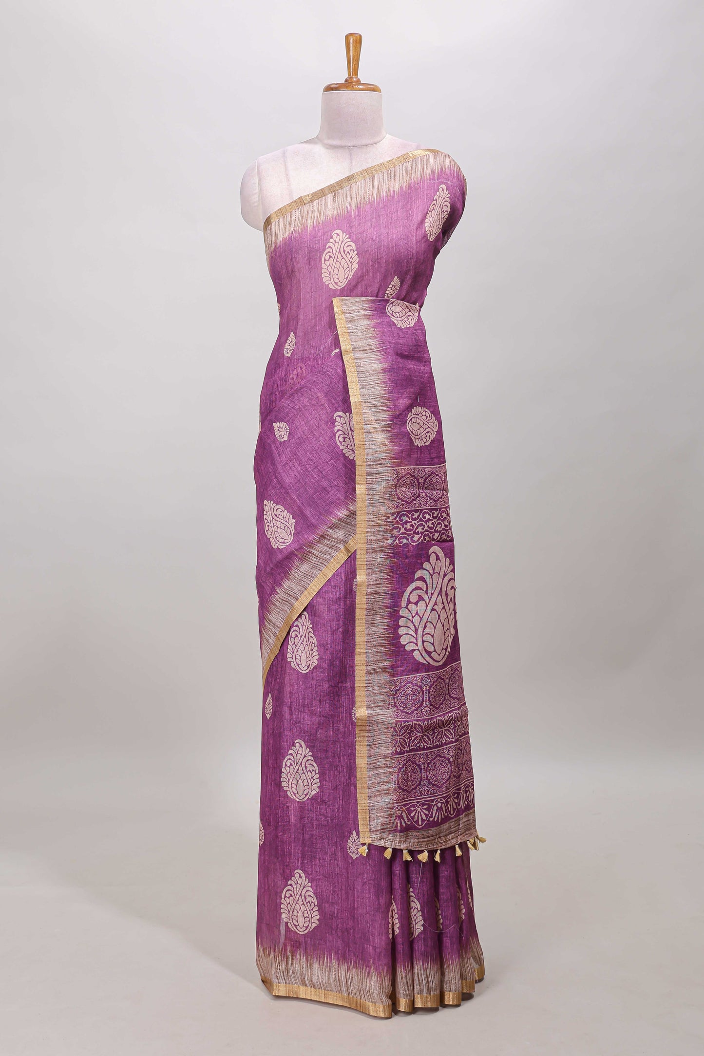 Purple paisley motifs linen cotton saree with self zari border and matching blouse