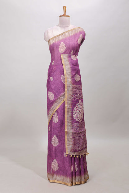 Purple paisley motifs linen cotton saree with self zari border and matching blouse