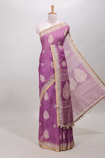 Purple paisley motifs linen cotton saree with self zari border and matching blouse