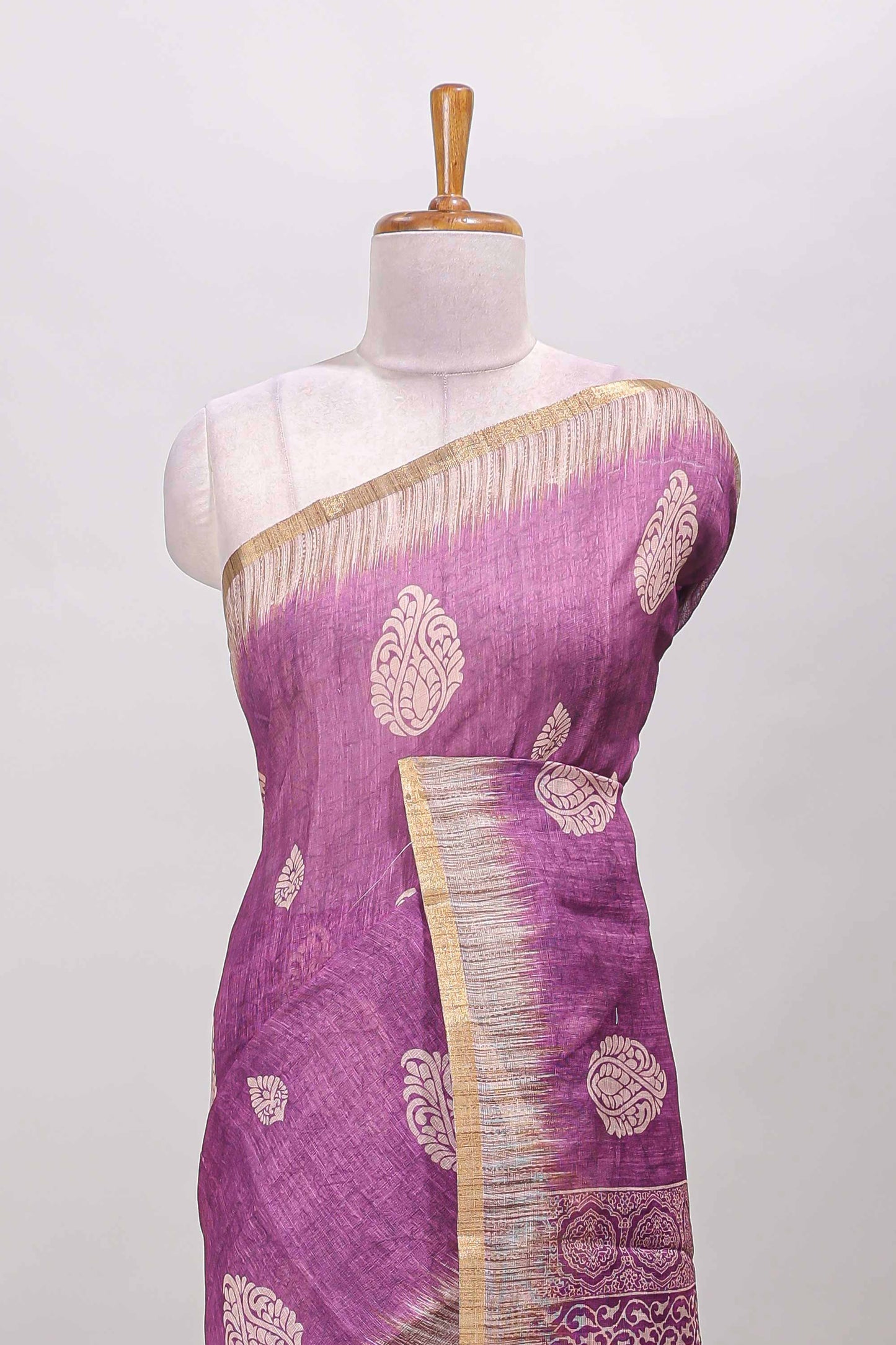 Purple paisley motifs linen cotton saree with self zari border and matching blouse