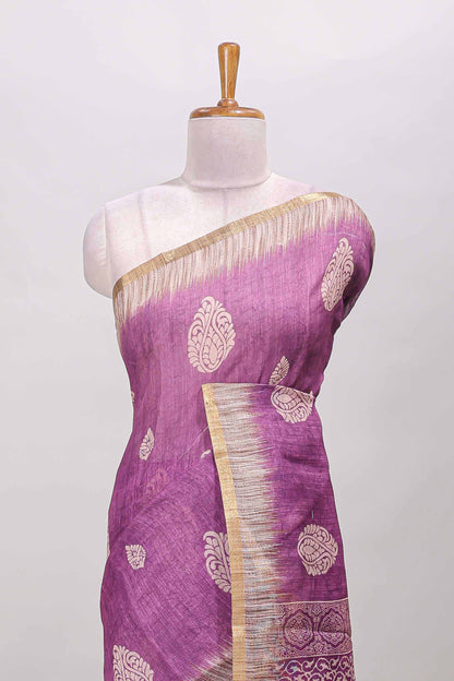 Purple paisley motifs linen cotton saree with self zari border and matching blouse