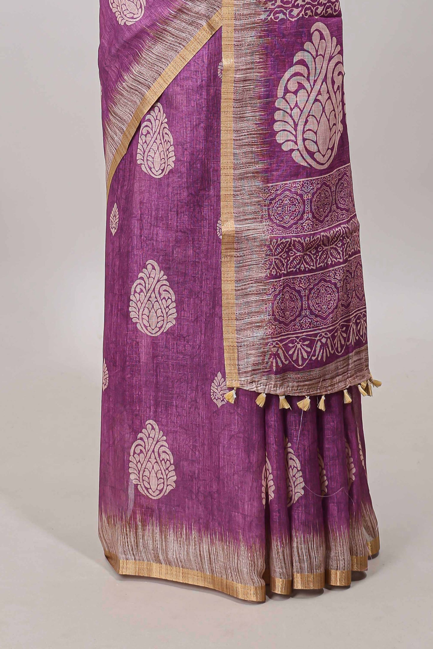 Purple paisley motifs linen cotton saree with self zari border and matching blouse