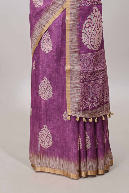 Purple paisley motifs linen cotton saree with self zari border and matching blouse