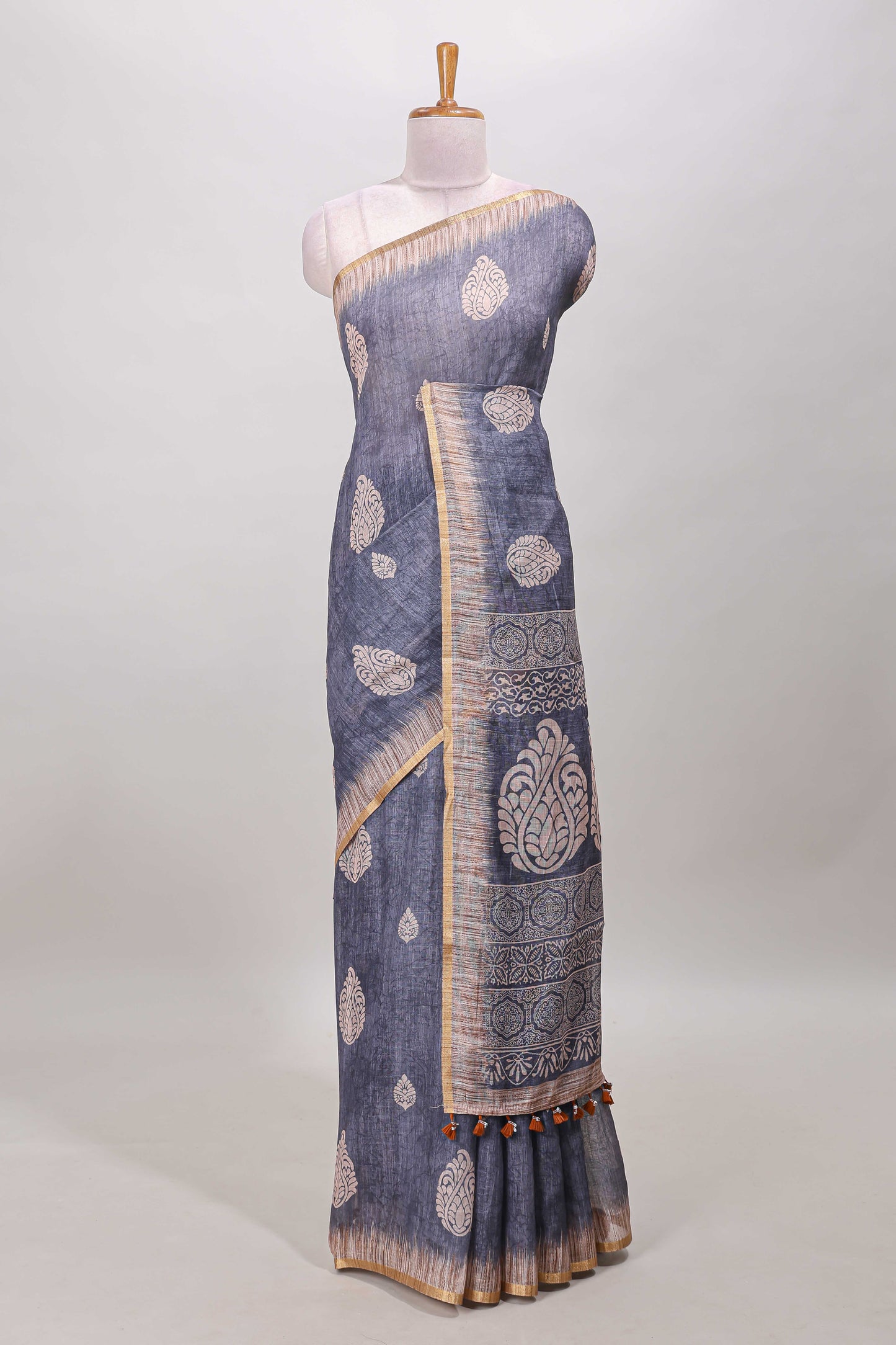 Slate blue grey paisley motifs linen cotton saree with self zari border and matching blouse