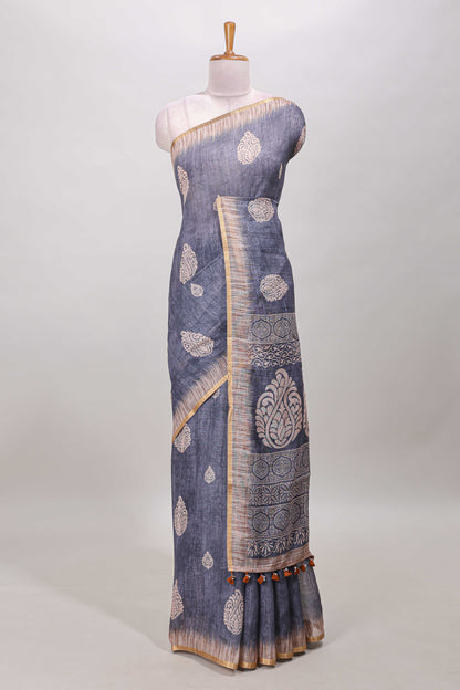 Slate blue grey paisley motifs linen cotton saree with self zari border and matching blouse