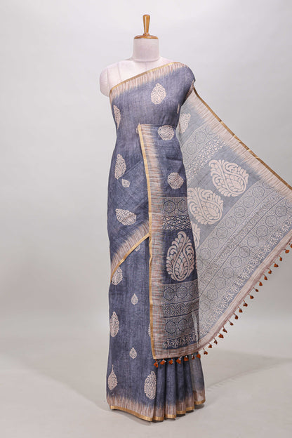Slate blue grey paisley motifs linen cotton saree with self zari border and matching blouse