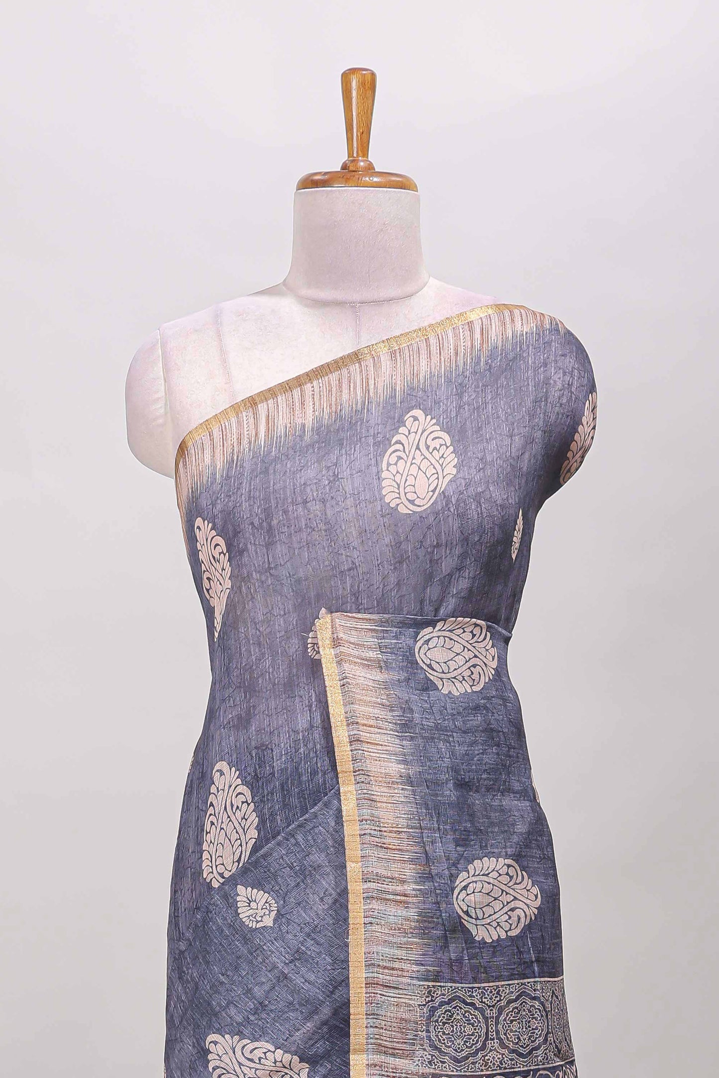 Slate blue grey paisley motifs linen cotton saree with self zari border and matching blouse