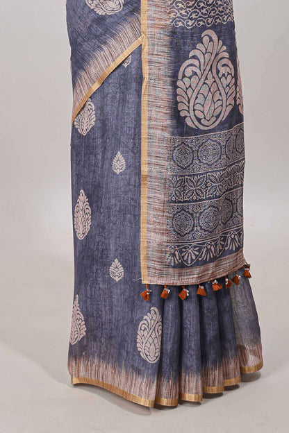 Slate blue grey paisley motifs linen cotton saree with self zari border and matching blouse
