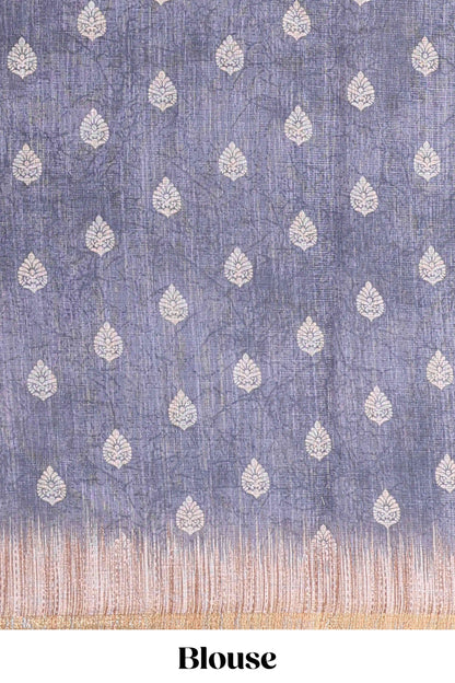 Slate blue grey paisley motifs linen cotton saree with self zari border and matching blouse