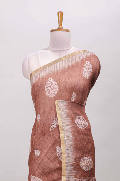 Brown paisley motifs linen cotton saree with self zari border and matching blouse