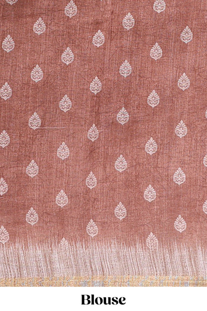 Brown paisley motifs linen cotton saree with self zari border and matching blouse