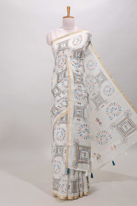 Cream warli print linen cotton saree with self zari border and printed blouse