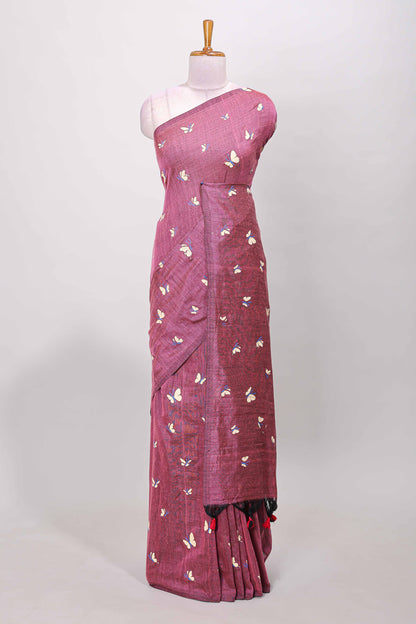 Borderless china rose-pink butterfly motifs south cotton saree with contrast printed blouse