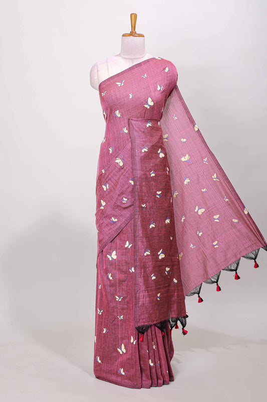 Borderless china rose-pink butterfly motifs south cotton saree with contrast printed blouse