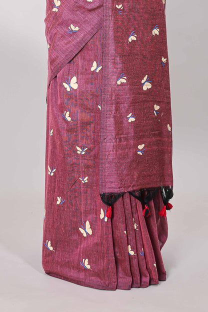 Borderless china rose-pink butterfly motifs south cotton saree with contrast printed blouse