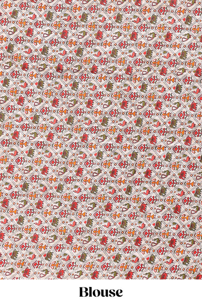 Borderless china rose-pink butterfly motifs south cotton saree with contrast printed blouse