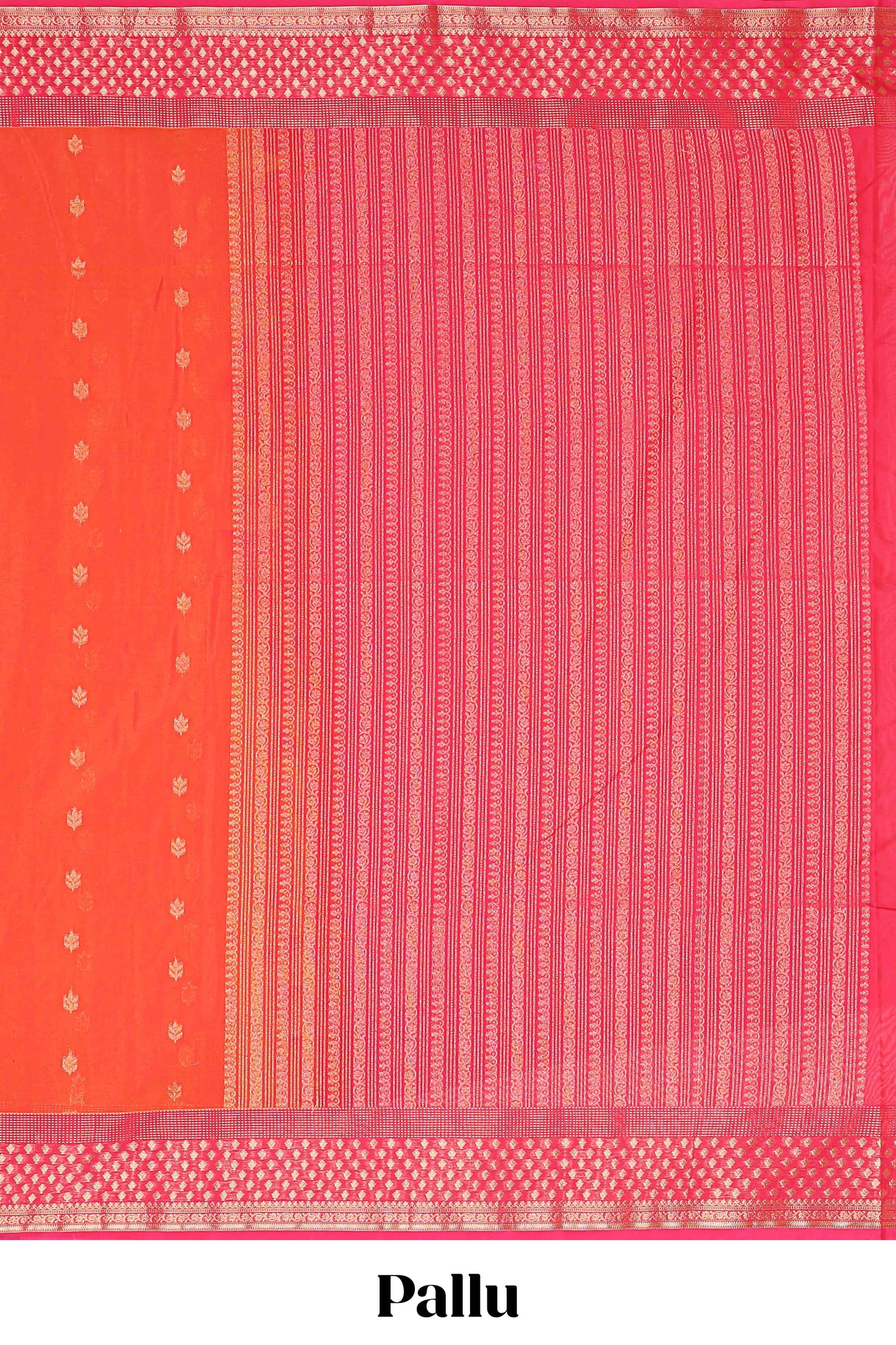 Orange floral zari butta semisilk cotton saree with contrast zari border and striped pallu