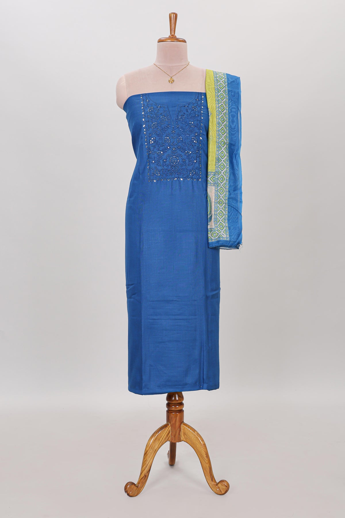 Blue embroidery chudidhar material with contrast solid pant and floral dupatta