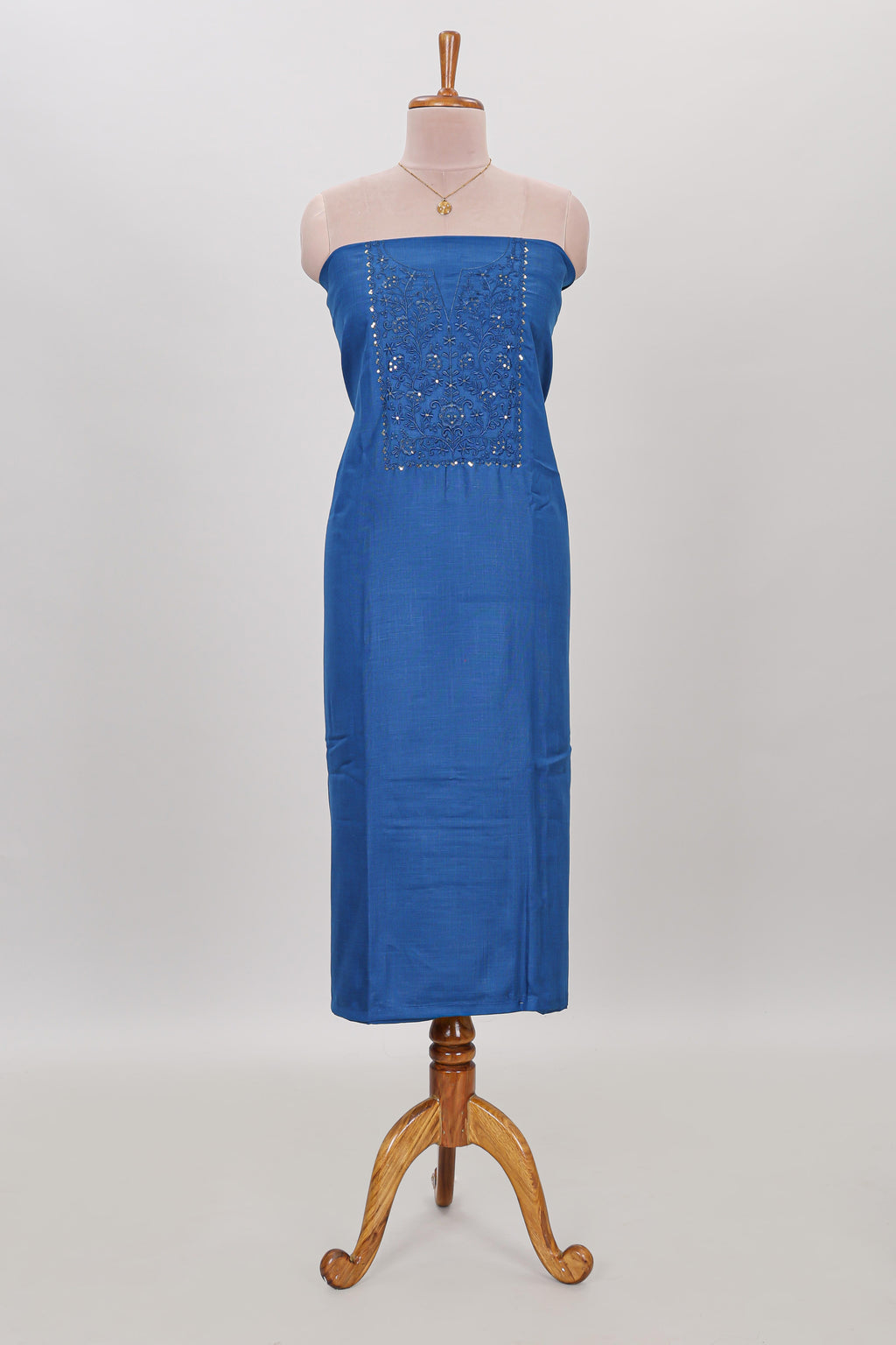 Blue embroidery chudidhar material with contrast solid pant and floral dupatta