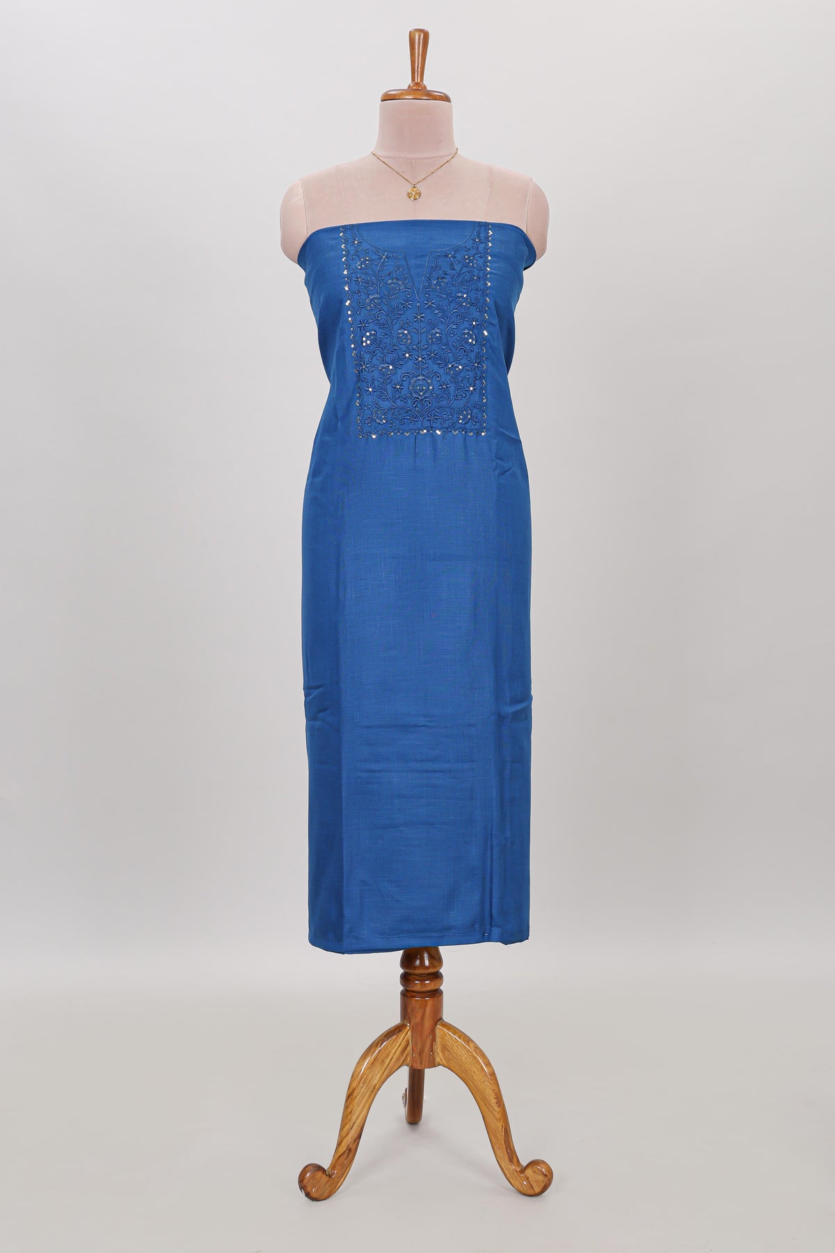 Blue embroidery chudidhar material with contrast solid pant and floral dupatta