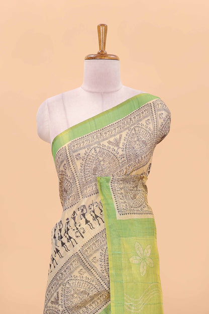 Sandal semi tussar digital batik print saree with contrast blouse and pallu