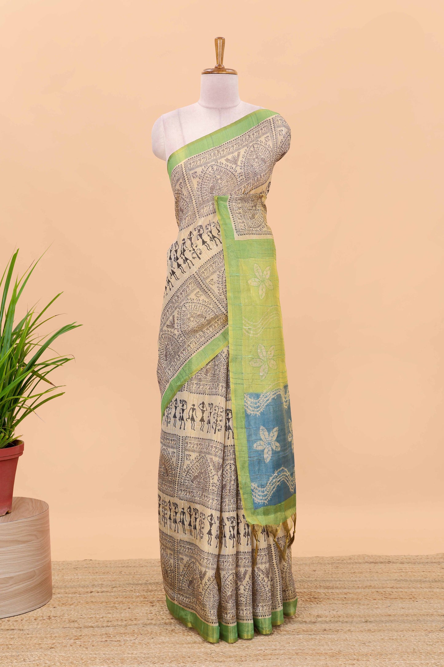 Sandal semi tussar digital batik print saree with contrast blouse and pallu