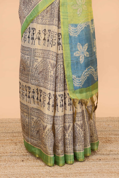 Sandal semi tussar digital batik print saree with contrast blouse and pallu