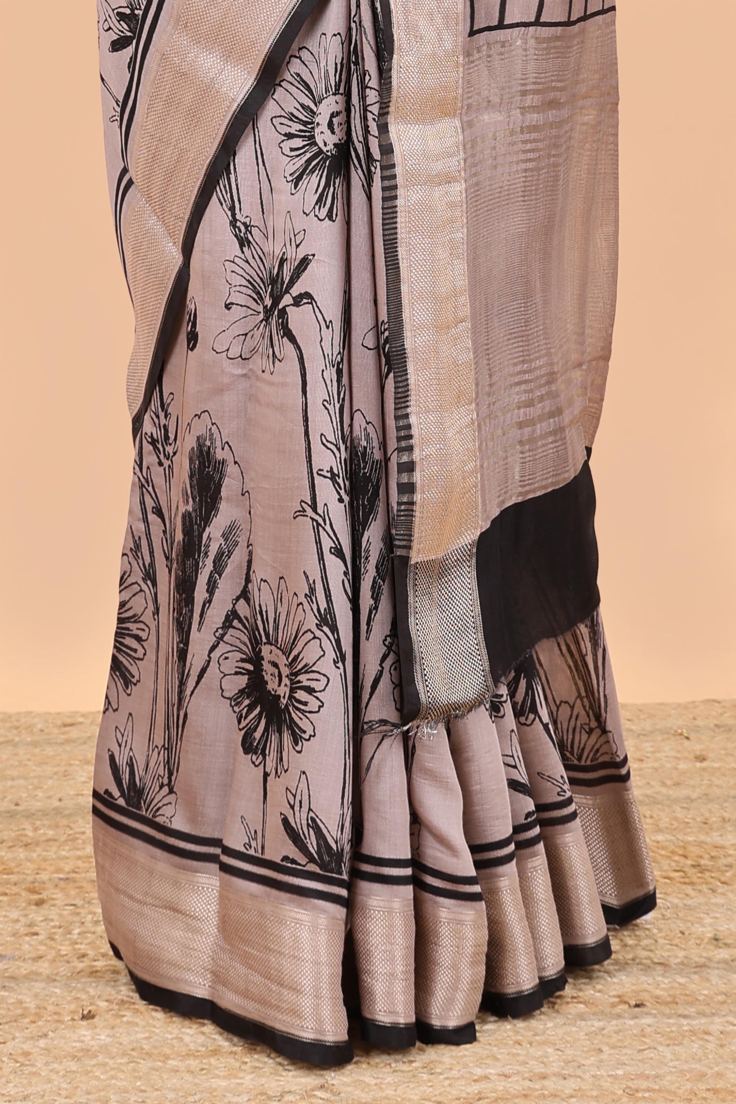 Peach floral print chanderi cotton saree with zari pallu