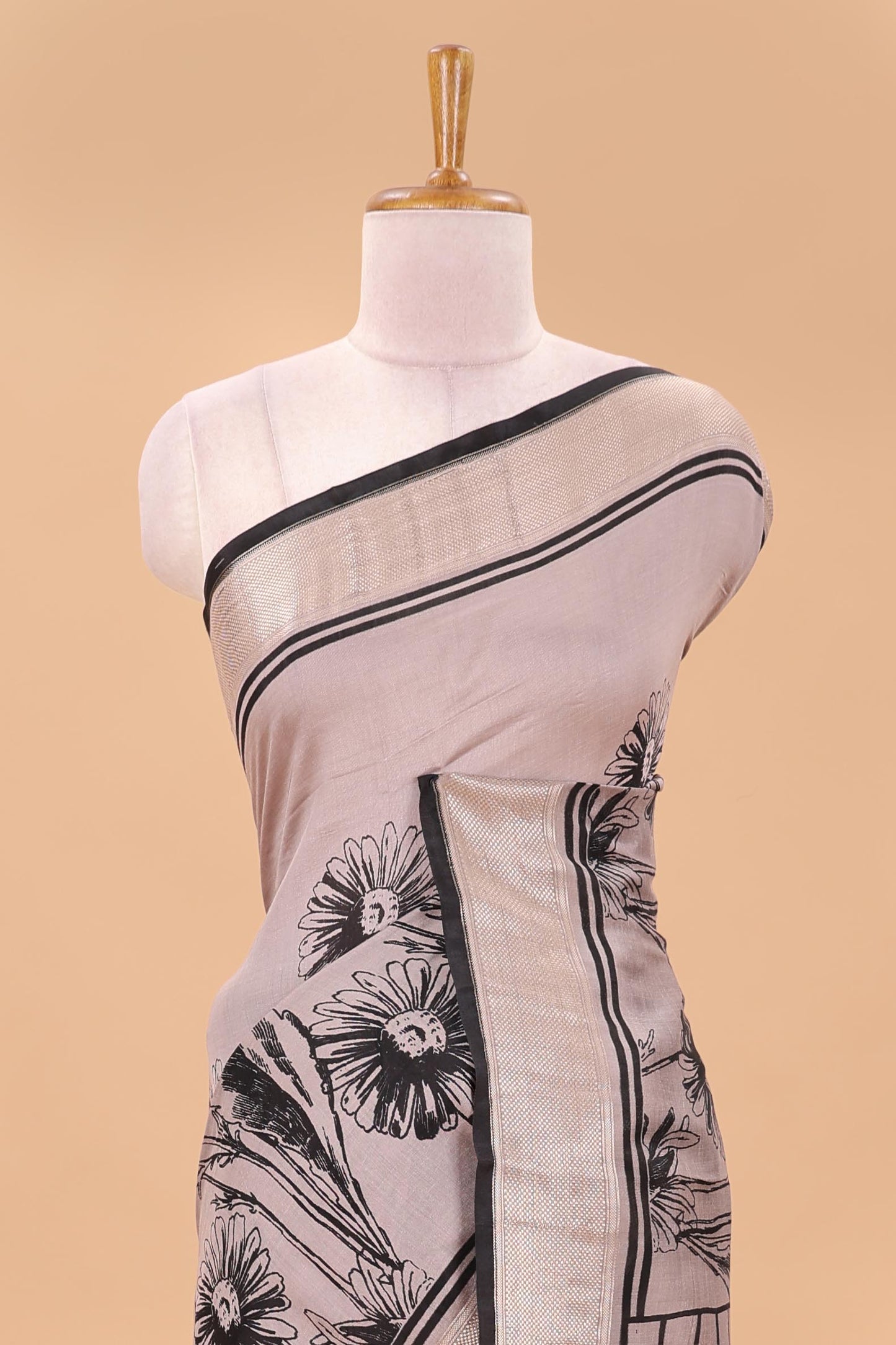 Peach floral print chanderi cotton saree with zari pallu