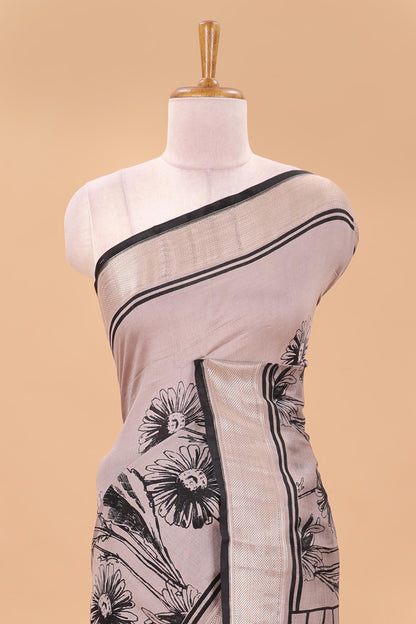 Peach floral print chanderi cotton saree with zari pallu