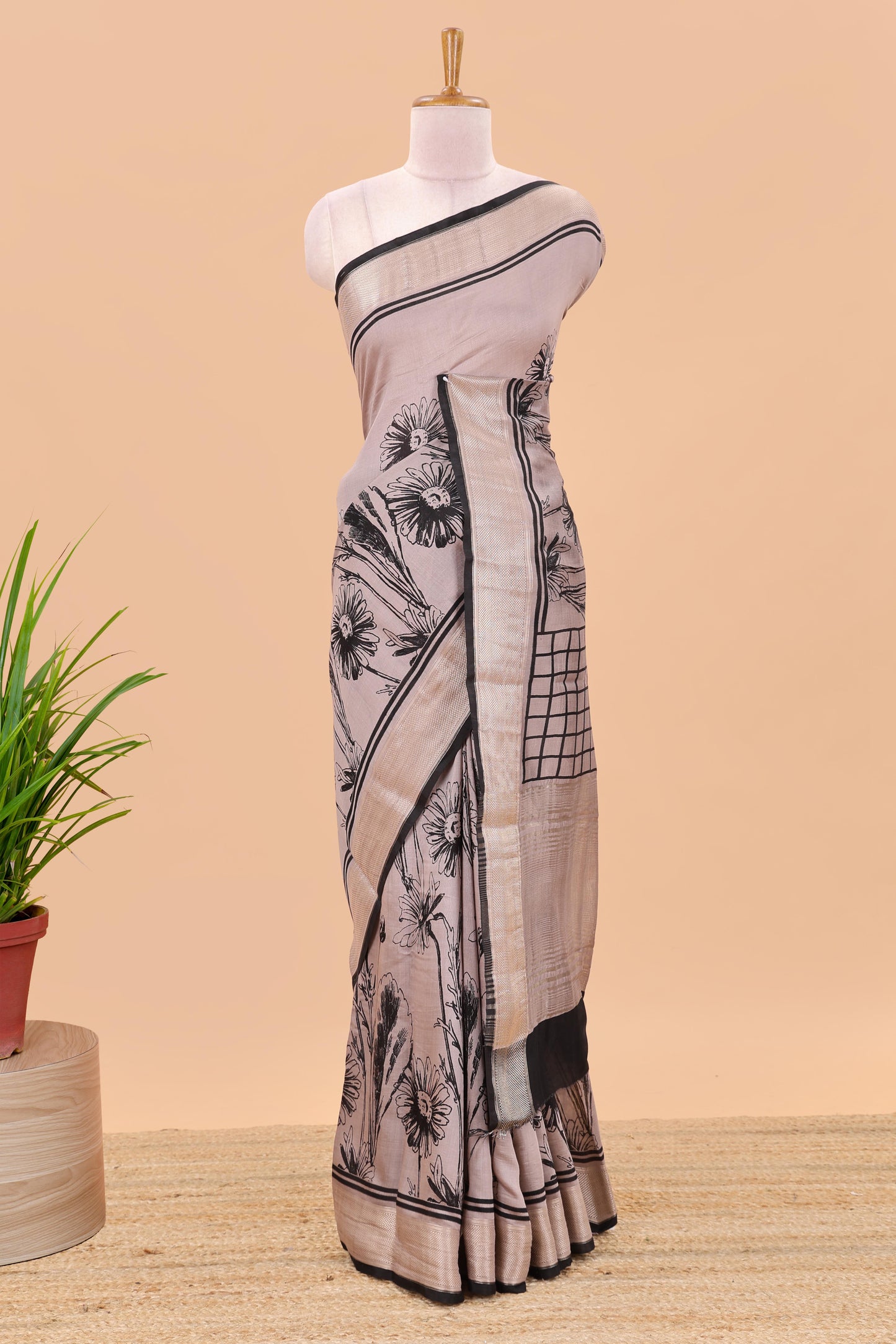 Peach floral print chanderi cotton saree with zari pallu