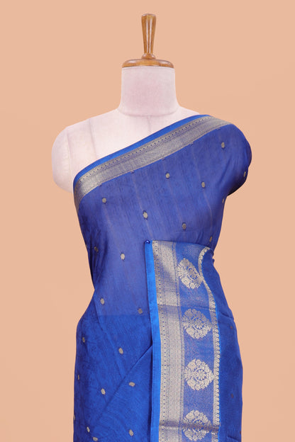 Blue viscose dola silk saree with all-over zari butta, elephant motif pallu & contrast blouse