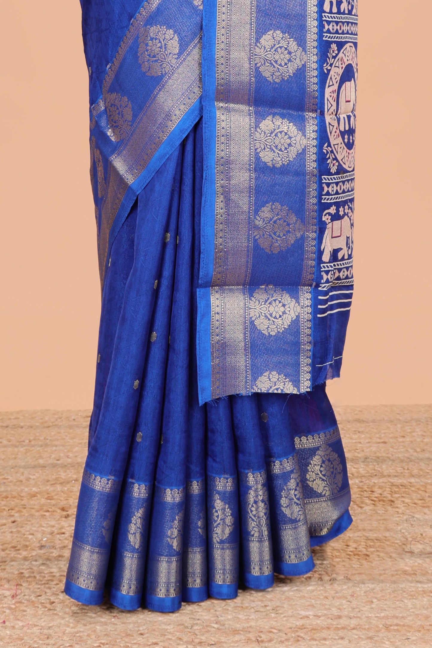Blue viscose dola silk saree with all-over zari butta, elephant motif pallu & contrast blouse