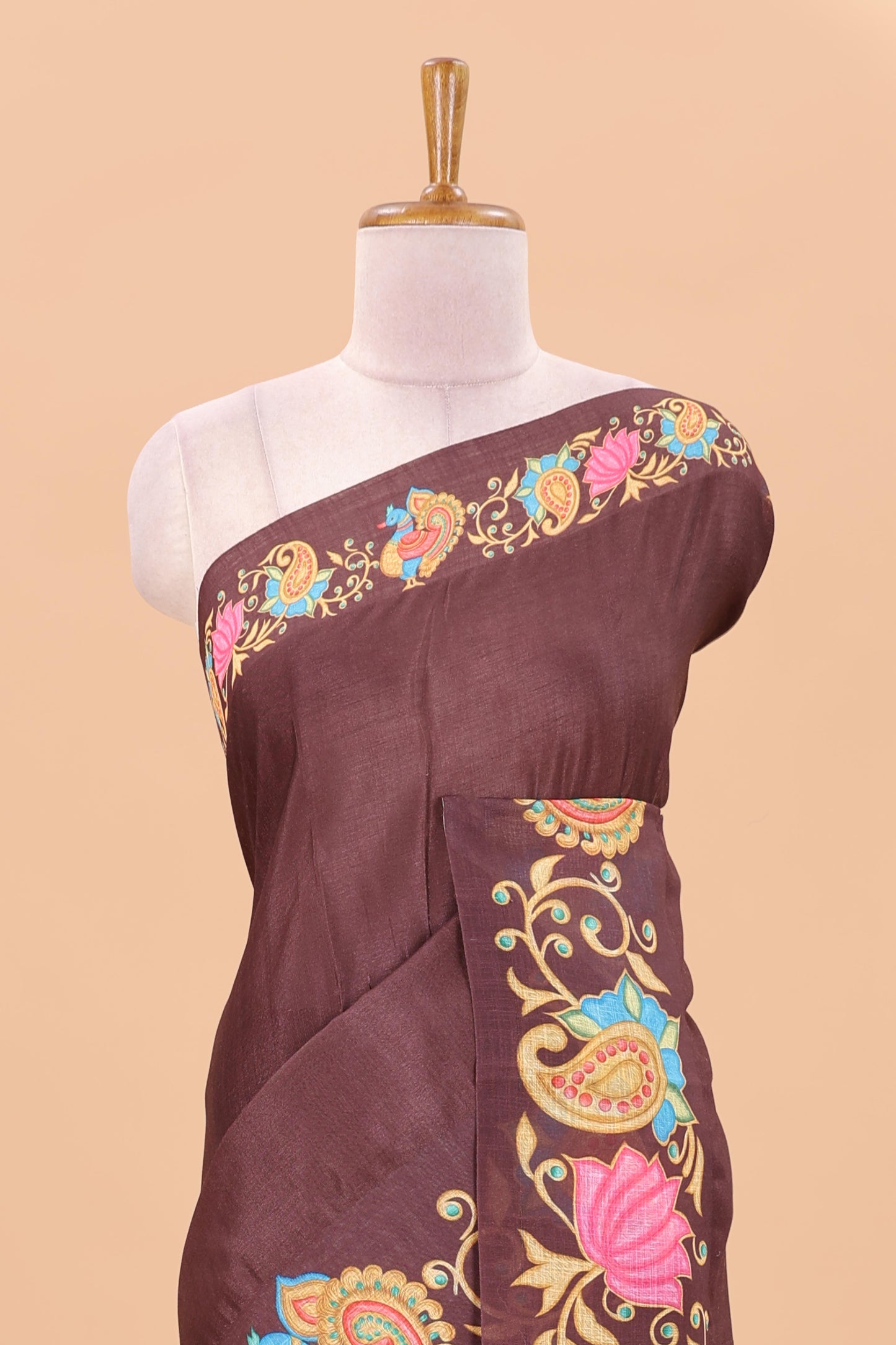 Brown tanjore painting style linen tussar saree with peacock & lotus motifs and printed pallu